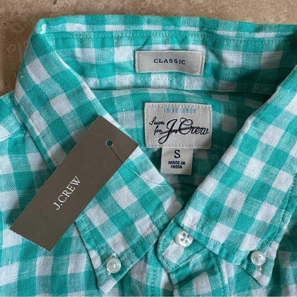 J Crew Green Check Irish Linen Long Sleeve Button Up Mens Size S Classic Fit - Picture 5 of 8